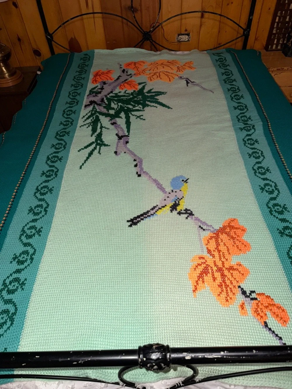Vintage Large Bird Blanket - Handmade Needlepoint Songbird on Tree - Petit Point